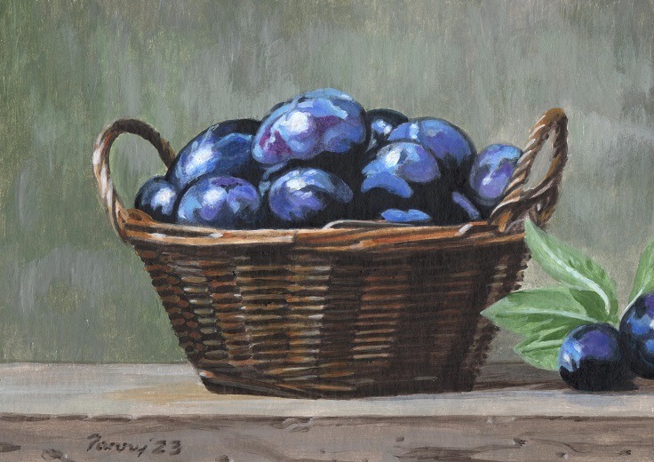 Still Life Basket of Plums Original Painting 5x7 #48723 web