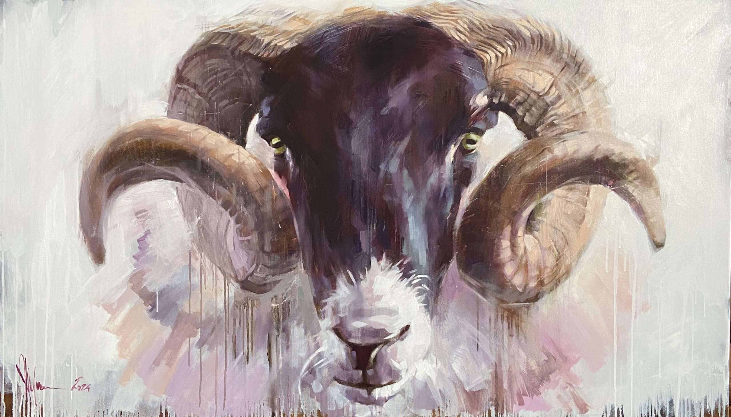 Original Oil Painting of Animals by Igor Shulman - A Goat with a Black Head